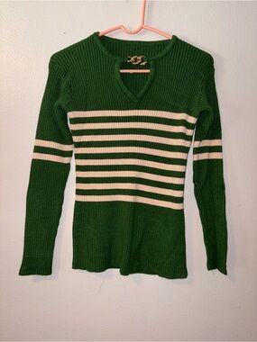 Ribbed V-Neck Striped Sweater in Green and Cream